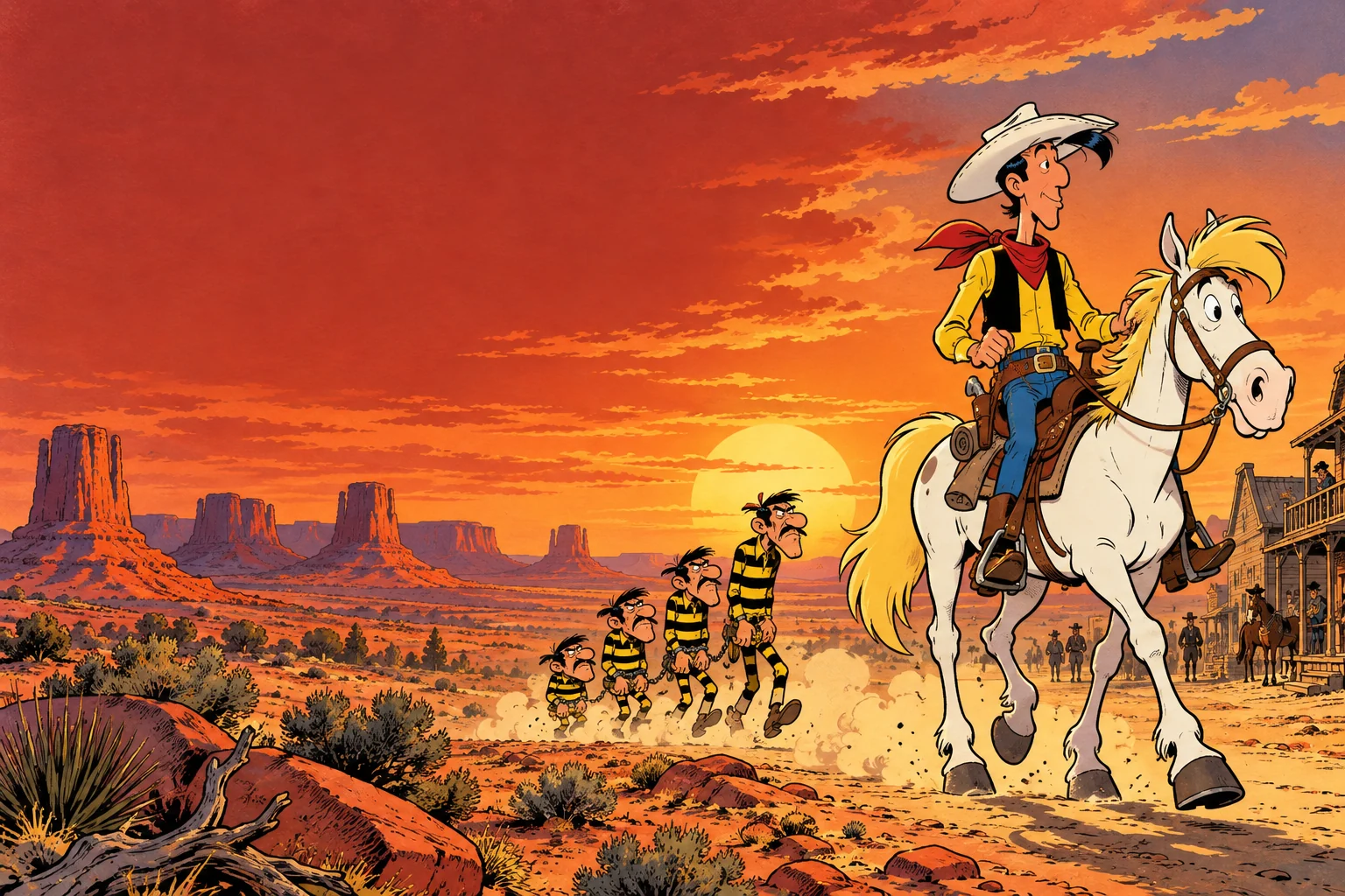 Lucky Luke et Jolly Jumper sur une piste du Far West au coucher du soleil